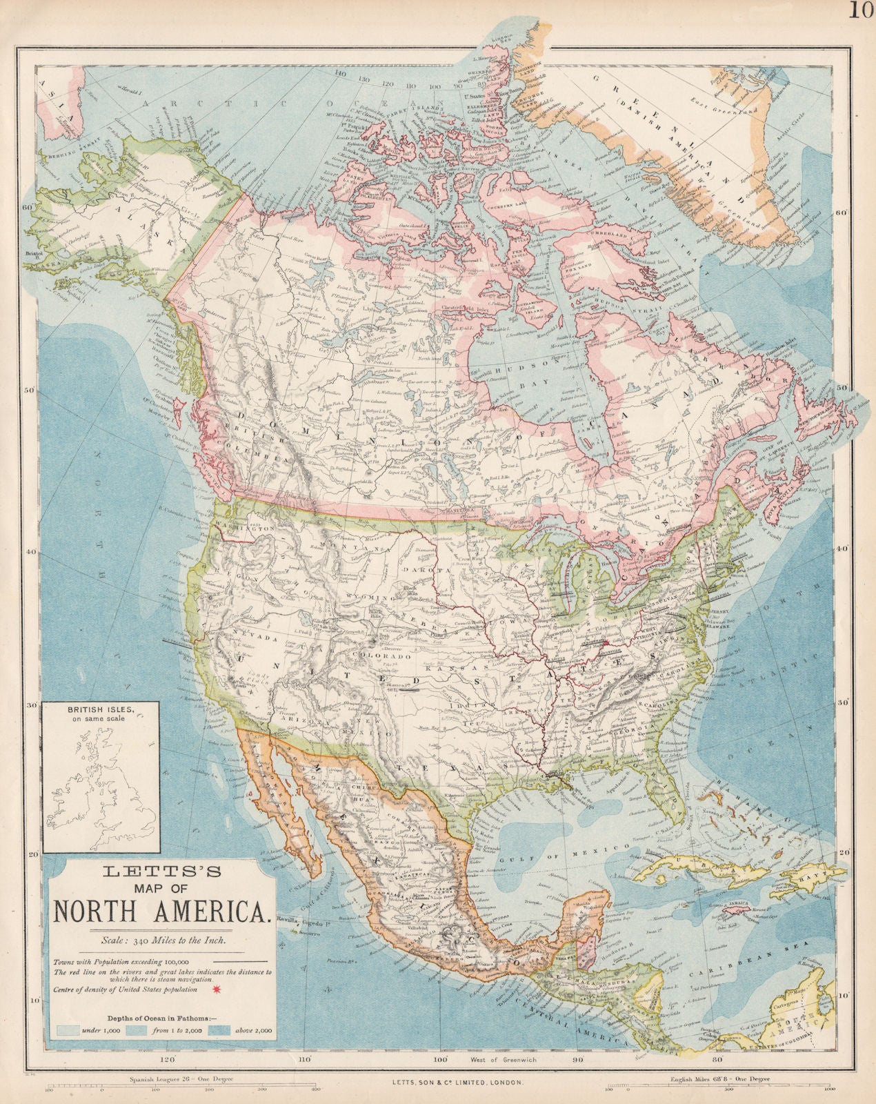 NORTH AMERICA. Red=steamboat routes on Mississippi & Great Lakes. LETTS 1889 map